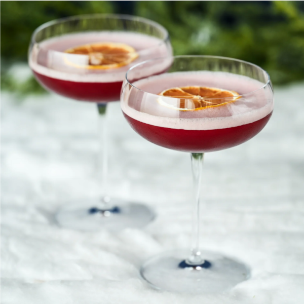 To cocktailglas med en rød drink toppet med en tørret citronskive, står på en hvid overflade, med en sløret grøn baggrund.