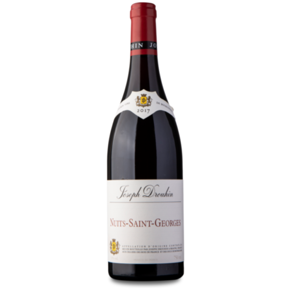 En flaske vin med rød top, mærket "Joseph Drouhin" og "NUITS-SAINT-GEORGES". Årgangen er 2017, og volumen er 750 ml, står på hvid baggrund.