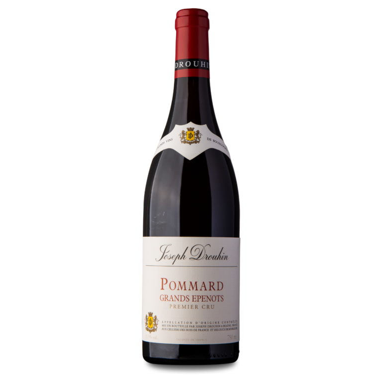 Vinflaske med etiketten "Joseph Drouhin, Pommard, Grands Epenots, Premier Cru." Placeret mod en simpel hvid baggrund. Flasken er elegant med rød kapsel og klassisk design.