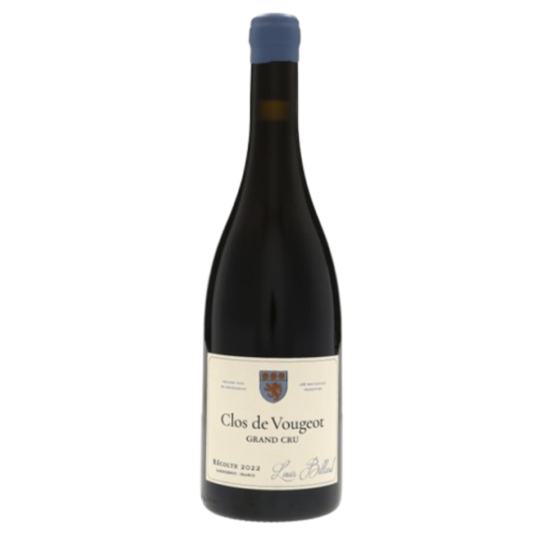 Vinflaske med etiketten "Clos de Vougeot Grand Cru, Récolte 2022, Louis Boillot." Står oprejst på hvid baggrund.