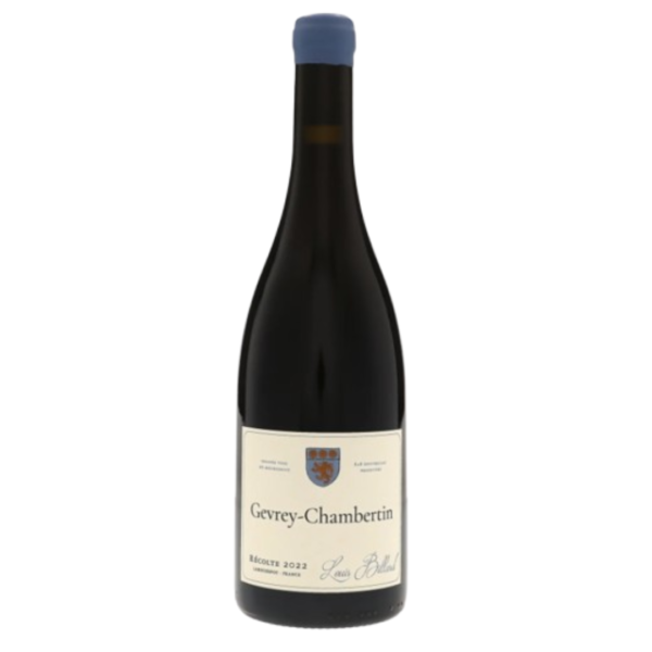En vinflaske med mørk flaske og blå kapsel står på en lys baggrund. Etikettekst: "Gevrey-Chambertin, Récolte 2022, Louis Boillot, Lavsagne - France".