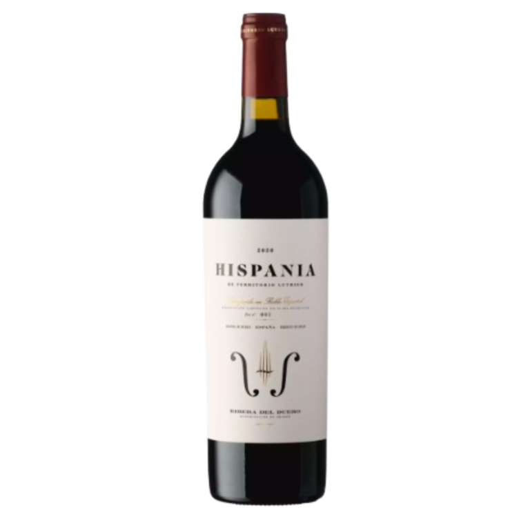 Vinflaske står oprejst med etiketten "2020 Hispania" i sort skrift, omgivet af hvid baggrund. Flaskehalsen er forseglet med rød folie. Text: "Reserva del Duque".