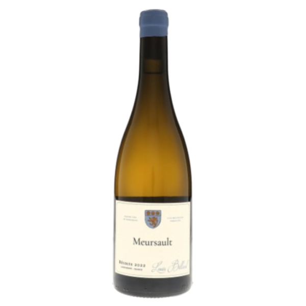 En flaske vin står oprejst med en blå kapsel, etiketten viser: "Meursault, Récolte 2022, Louis Ballod", omgivet af en hvid baggrund.