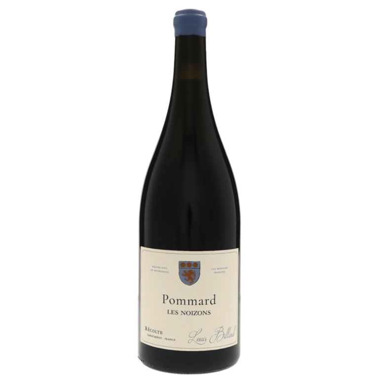 En vinflaske med blå kapsel står oprejst. Etiketteksten lyder: "Pommard Les Noizons, Grand Vin de Bourgogne, Louis Boillot, Récolte". Hvid baggrund.