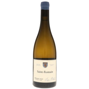 En brun glasvinsflaske med en blå kapsel. Etiketten viser teksten "Saint-Romain Récolte 2022 Louis Boillot" med et våbenskjold, mod en hvid baggrund.