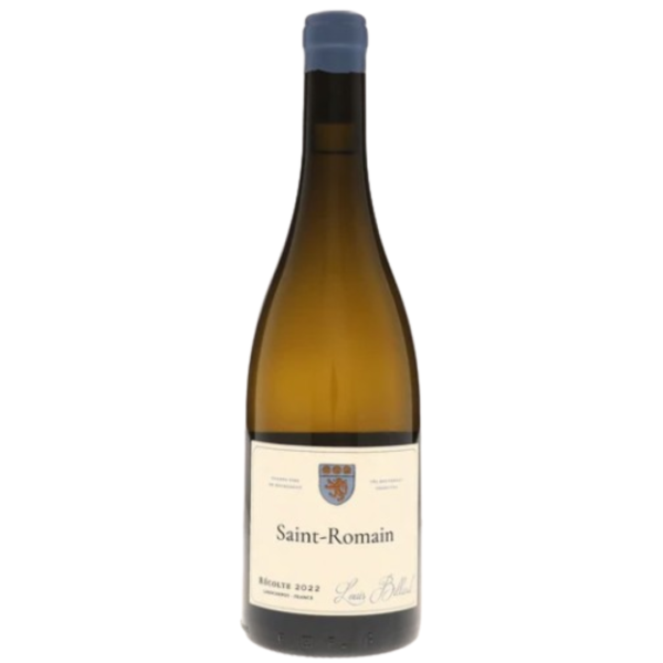 En brun glasvinsflaske med en blå kapsel. Etiketten viser teksten "Saint-Romain Récolte 2022 Louis Boillot" med et våbenskjold, mod en hvid baggrund.