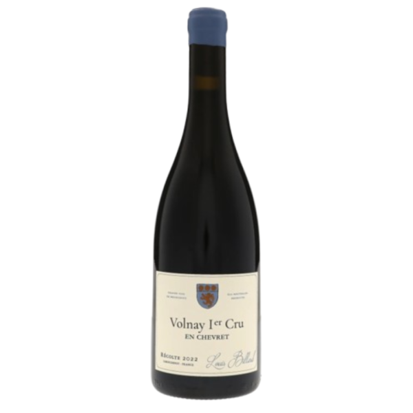 Vinflaske står oprejst mod en hvid baggrund. Etiketten siger: "Volnay 1er Cru En Chevret, Récolte 2022, Louis Boillot." Den har en blå kapsel.