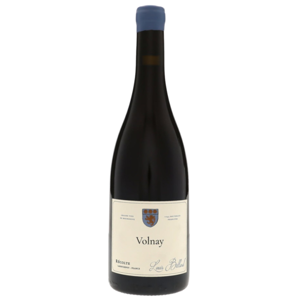 Vinflaske med blå kapsel, etiketten viser teksten: "Volnay, Grand Vin de Bourgogne, RÉCOLTE, Louis Boillot, Laborecey-France," og et våbenskjold, står mod en hvid baggrund.