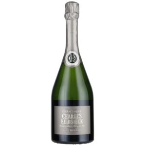 Flaske champagne med sølvfolie forsegling, stående mod hvid baggrund. Etikettekst: "CHAMPAGNE CHARLES HEIDSIECK Maison fondée à Reims en 1851 BLANC DE BLANCS."