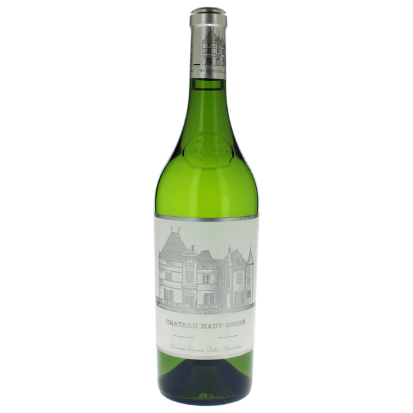 En grøn glasflaske står oprejst med et hvidt label, der viser en tegning af et slot. Teksten på etiketten lyder: "CHATEAU HAUT-BRION".