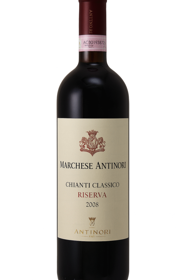 Fritlagt billede af Marchese Antinori Chianti Classico Riserva 2008 – toskansk rødvin med Sangiovese og Cabernet Sauvignon, lagret på egetræsfade.