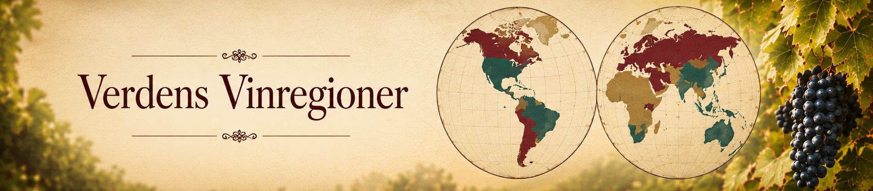 Verdens vinregioner med verdenskort, vinmarker og oversigt over Old World og New World vinområder.