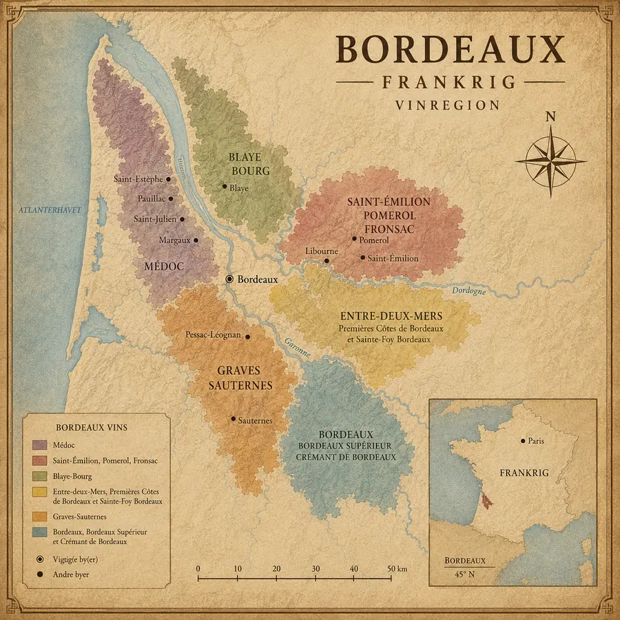 Kort over Bordeaux vinregion med Médoc, Blaye-Bourg, Saint-Émilion, Pomerol, Fronsac, Entre-Deux-Mers, Graves og Sauternes