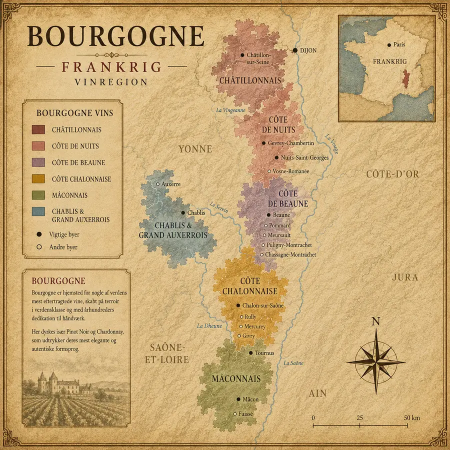Kort over Bourgogne vinregion med Chablis, Châtillonnais, Côte de Nuits, Côte de Beaune, Côte Chalonnaise og Mâconnais
