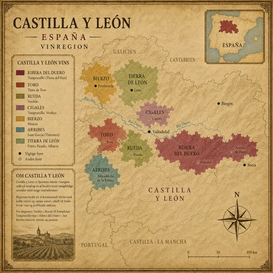 Kort over Castilla y León vinregion med Ribera del Duero, Toro, Rueda, Cigales, Bierzo og Arribes
