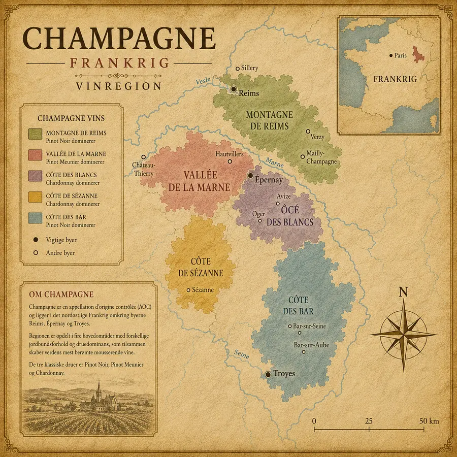 ort over Champagne vinregion med Montagne de Reims, Vallée de la Marne, Côte des Blancs, Côte de Sézanne og Côte des Bar