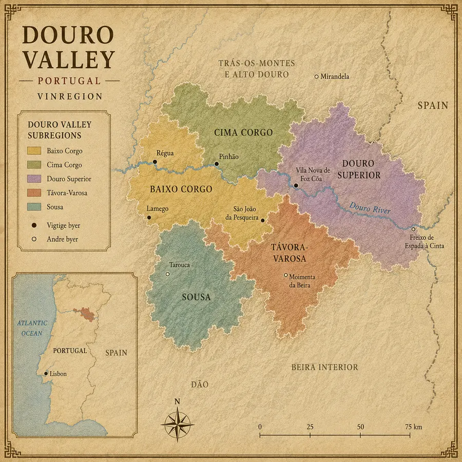 Kort over Douro Valley vinregion med Baixo Corgo, Cima Corgo og Douro Superior