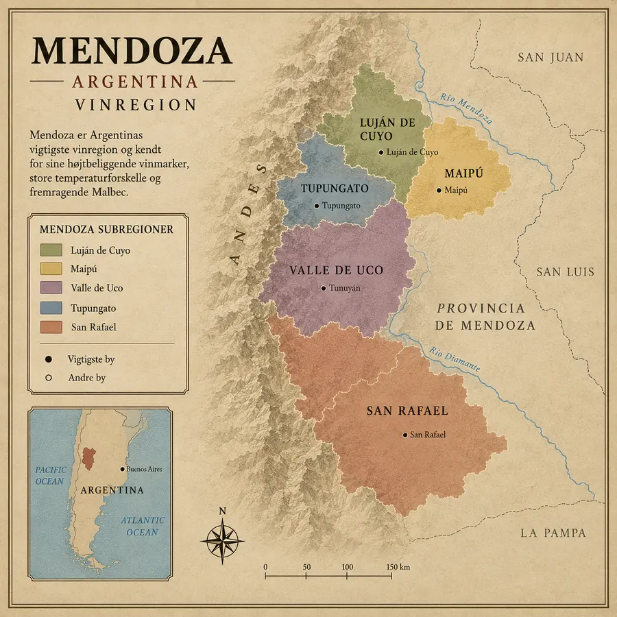 Kort over Mendoza vinregion med Luján de Cuyo, Maipú, Valle de Uco, Tupungato og San Rafael