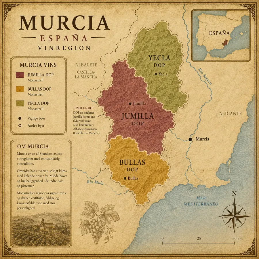 Kort over Murcia vinregion med Jumilla, Bullas og Yecla
