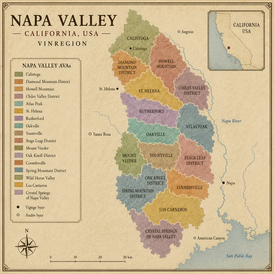 Kort over Napa Valley vinregion og områdets vigtigste AVA'er i Californien