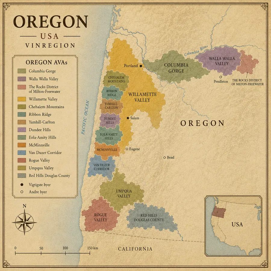 Kort over Oregon vinregion med Willamette Valley, Columbia Gorge, Walla Walla Valley, Umpqua Valley og Rogue Valley