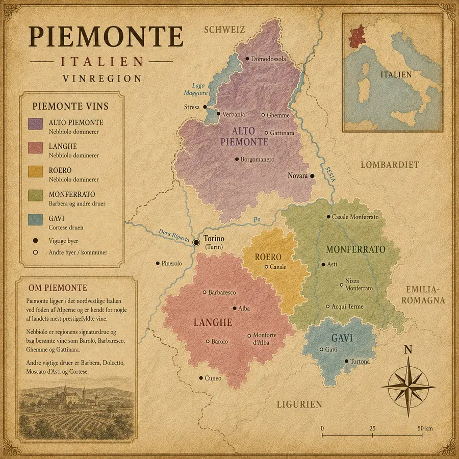 Kort over Piemonte vinregion med Langhe, Roero, Monferrato, Alto Piemonte, Barolo, Barbaresco, Gattinara, Ghemme og Gavi