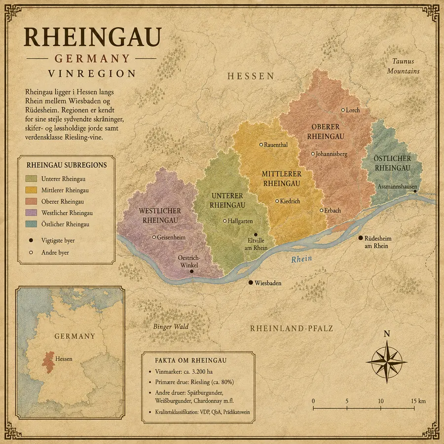 Kort over Rheingau vinregion langs Rhinen med Rüdesheim, Johannisberg, Oestrich-Winkel og Eltville