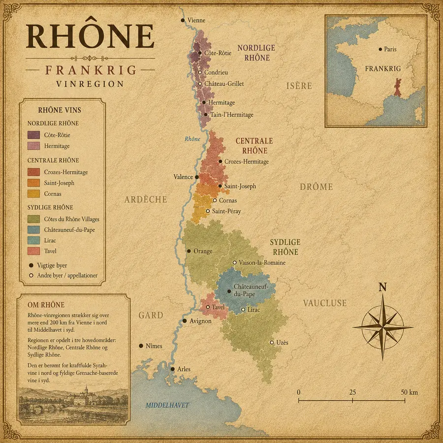 Kort over Rhône vinregion med Côte-Rôtie, Condrieu, Hermitage, Crozes-Hermitage, Saint-Joseph, Cornas og Châteauneuf-du-Pape