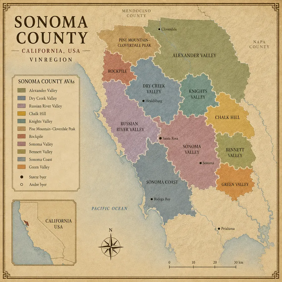 Kort over Sonoma County vinregion med Alexander Valley, Dry Creek Valley, Russian River Valley, Sonoma Valley og Sonoma Coast