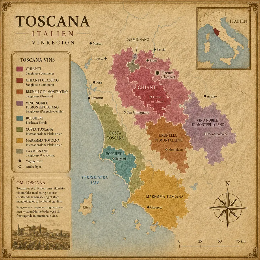 Kort over Toscana vinregion med Chianti, Chianti Classico, Brunello di Montalcino, Vino Nobile di Montepulciano, Bolgheri og Maremma Toscana