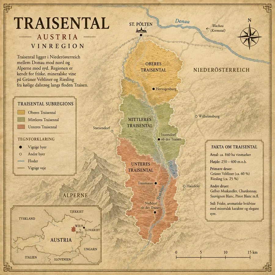 Kort over Traisental vinregion i Niederösterreich langs Traisen med Traismauer, Herzogenburg og Nußdorf