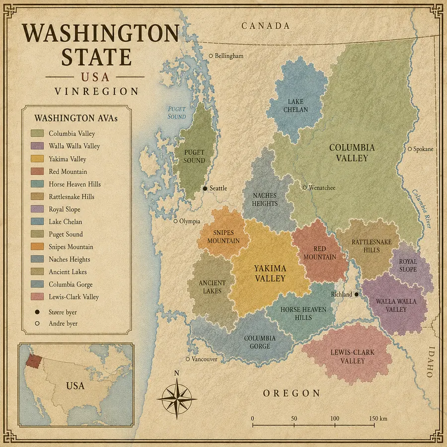 Kort over Washington State vinregion med Columbia Valley, Yakima Valley, Walla Walla Valley og øvrige centrale vinområder